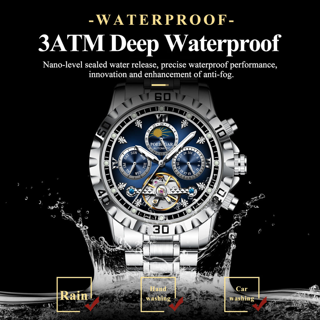 Poedagar 1423 Luxury Hollow Tourbillon Automatic Stainless Steel Band Waterproof Men Mechanical Watch