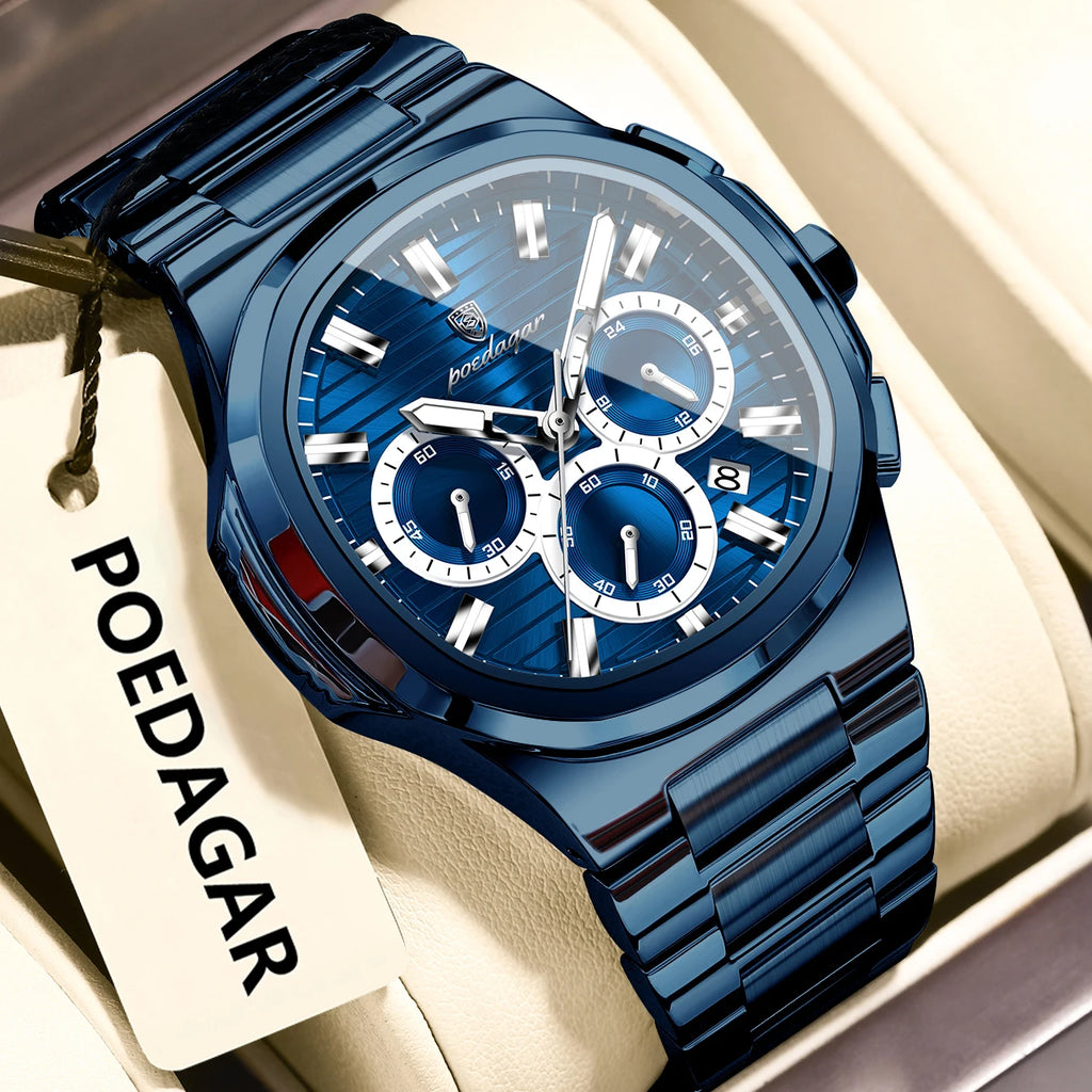 Poedagar Original Business Stainless Steel Montre Homme Waterproof Luminous Chronograph Men's Quartz Watch
