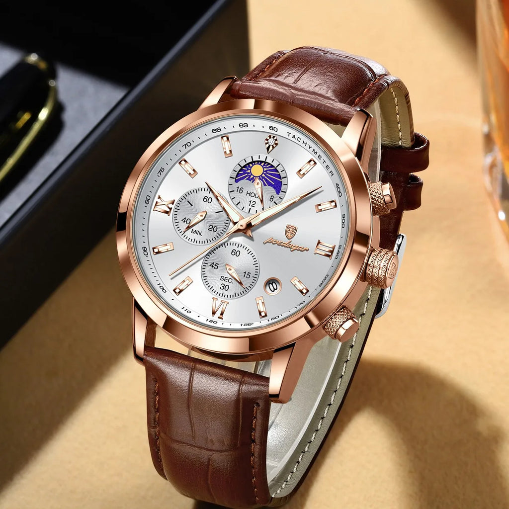 Poedagar 882 Men Chronograph Watch Business Luxury Montre Leather Strap Waterproof Luminous Date Reloj Quartz Wristwatch for Men