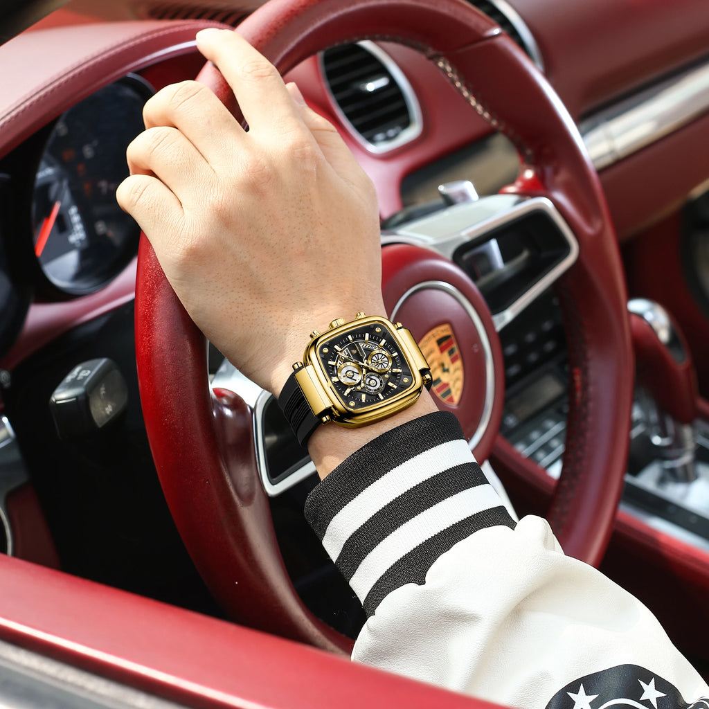 Poedagar 849 Luxury Mens Watch Square Case 3-Eye Chronograph Quartz Wristwatch Silicone Strap Luminous Waterproof Watch Montre