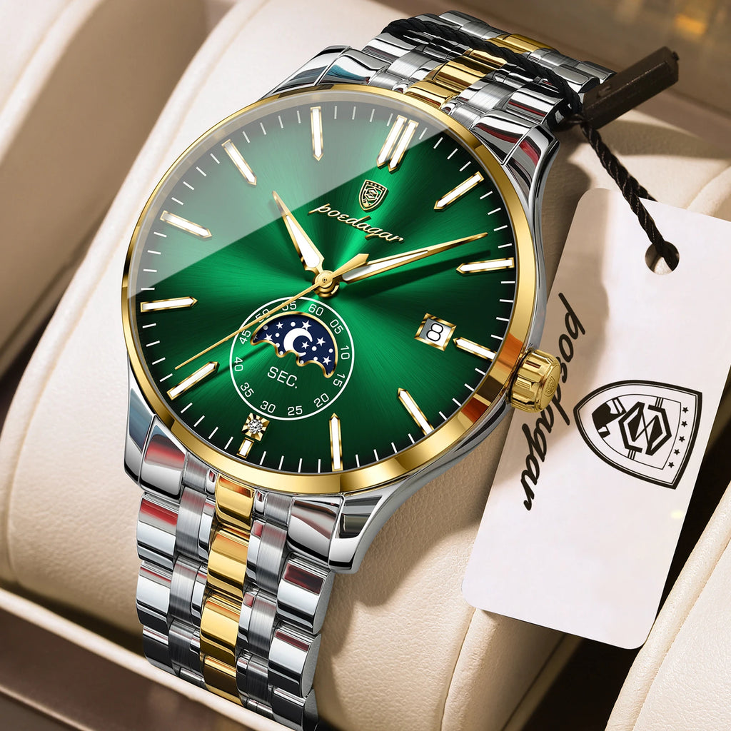 Poedagar 854 Men's Quartz Watch Luxury Moon Phase Stainless Steel Montre Homme Calendar Waterproof Business Wristwatch for Men