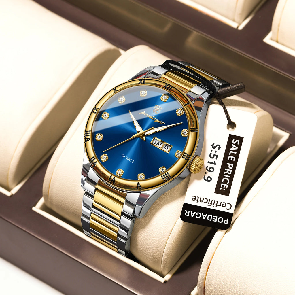 Poedagar 878 Stainless Steel Bracelet Reloj Gold Dial Men Watches Waterproof Luminous Quartz Watches for Men