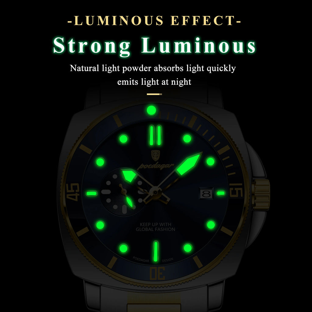Poedagar 873 Two Tone Men Luxury Cushion Case Sport Watch Moon Phase Luminous Steel Waterproof Factory Wholesale Reloj Hombre