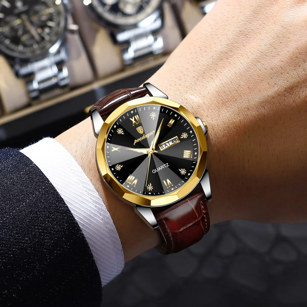 Poedagar 810 Men's Watch Luxury Leather Strap Quartz Watches Date Week Moissanite Watch Waterproof Luminous Casual Watch for Men