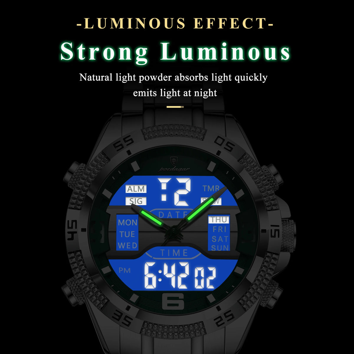 Poedagar New Digital Wrist Watch 3 ATM Water Resistant Multi Function Dual Display Steel Strap Men Montre Homme