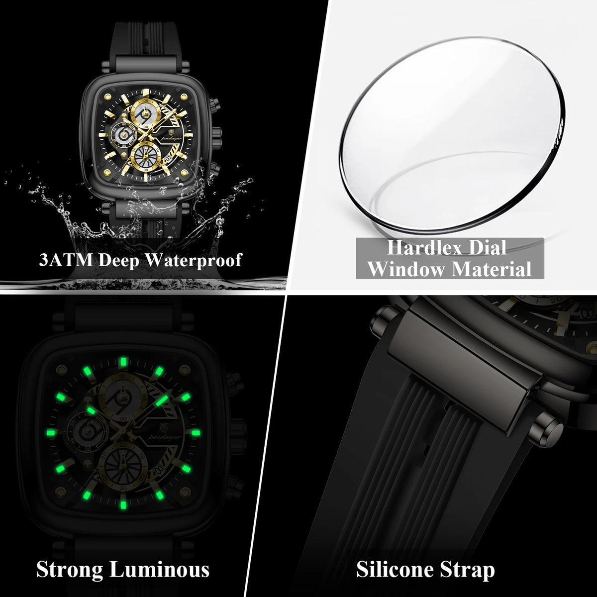 Poedagar 849 Sport Men Watch 3ATM Waterproof Luminous Square Chronograph Quartz Wristwatch Factory Direct Wholesale Price