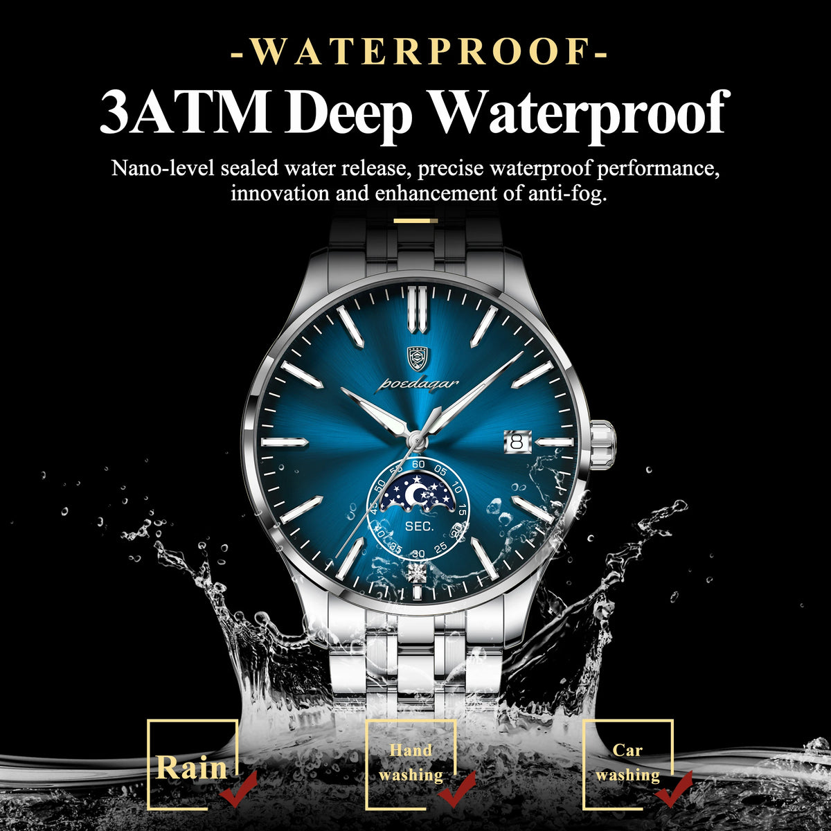Poedagar 854 Mens Quartz Watch Luxury Stainless Steel Band Moon Phase Date Montre Wristwatch Waterproof Business Watch for Men