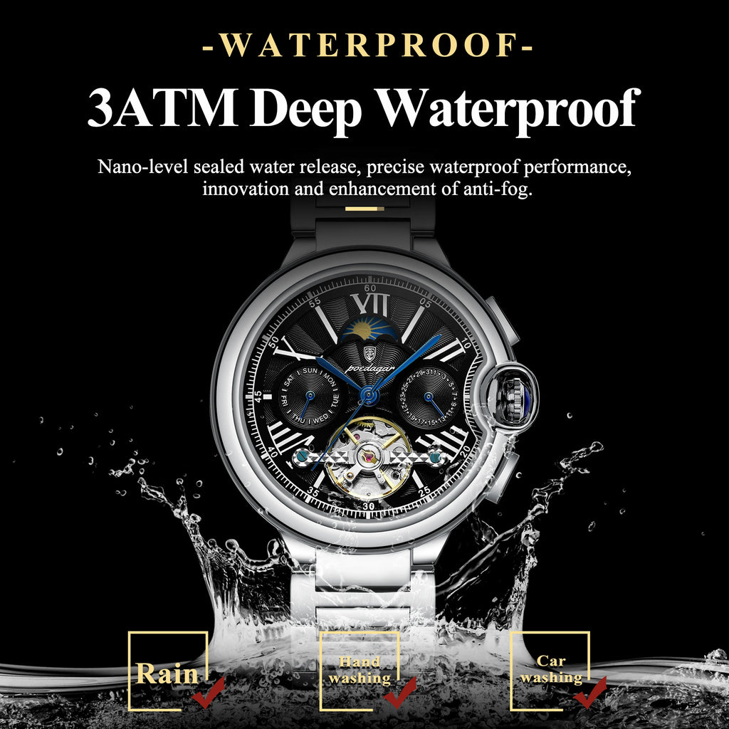 Poedagar 1413 Luxury Automatic Mechanical Watch Waterproof Luminous Wristwatch Stainless Steel Hollow Tourbillon Watch for Men