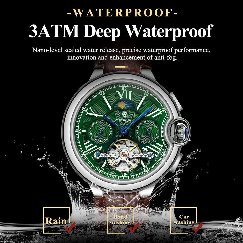 Poedagar 1413 Luxury Men's Automatic Mechanical Watch Hollow Tourbillon Leather Strap Reloj Luminous Waterproof Watch for Men
