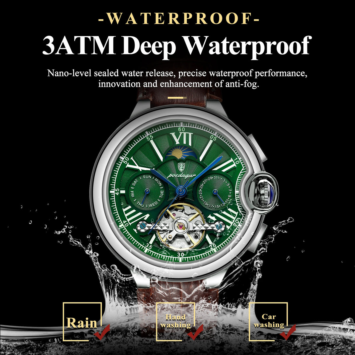 Poedagar 1413 Luxury Men's Automatic Mechanical Watch Hollow Tourbillon Leather Strap Reloj Luminous Waterproof Watch for Men