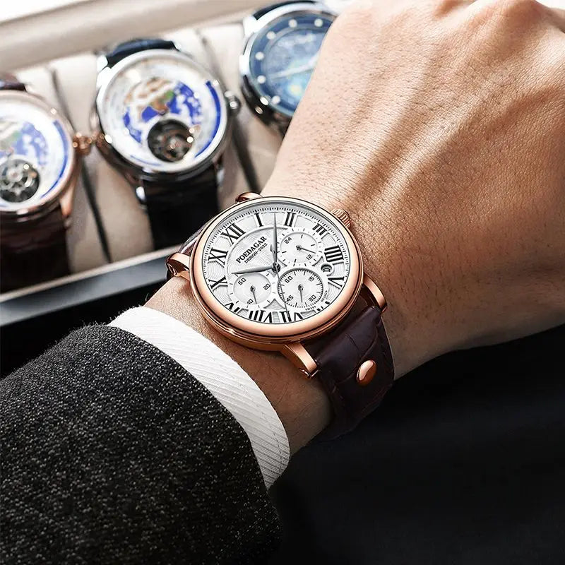 Poedagar Fashion Chronograph Men WatchCasual Leather Quartz Watches Waterproof Watches Men Wrist Calendar Watch for Men