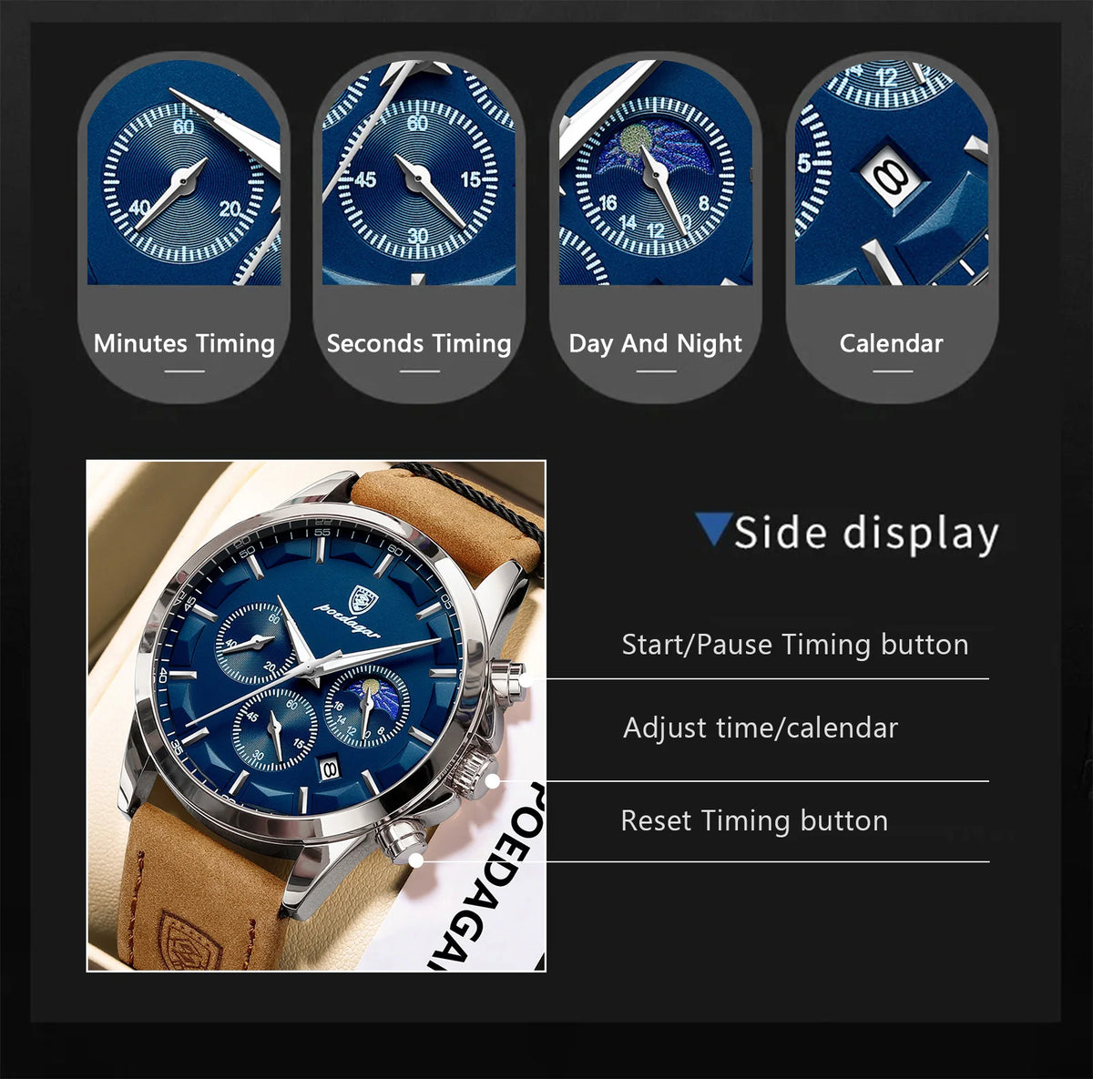 Poedagar 928 Luxury Men Wrist Watch Chronograph Sports Leather Quartz Reloj Hombre Waterproof Luminous Calendar Watches for Men