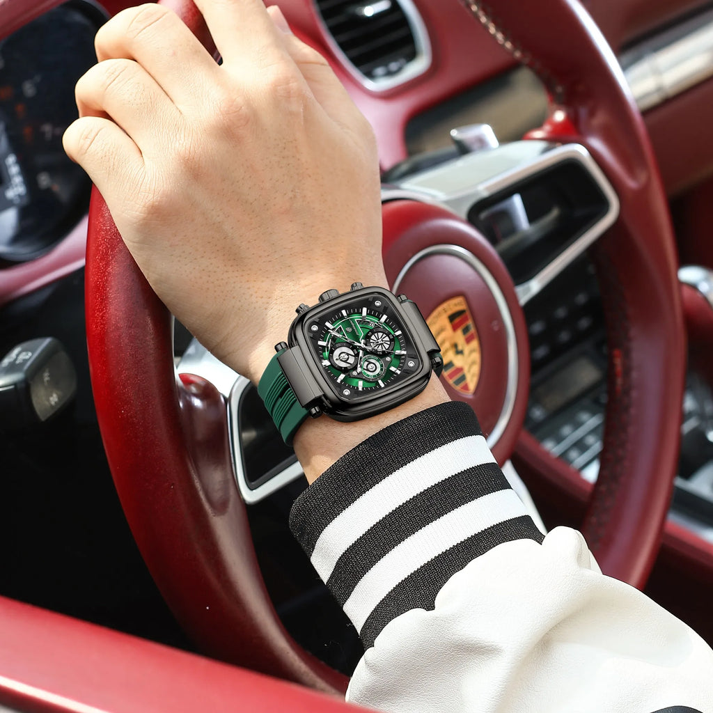 Poedagar 849 Luxury Men Watch Square Large Case Chronograph Quartz Wristwatch Silicone Strap Luminous Waterproof Factory Direct