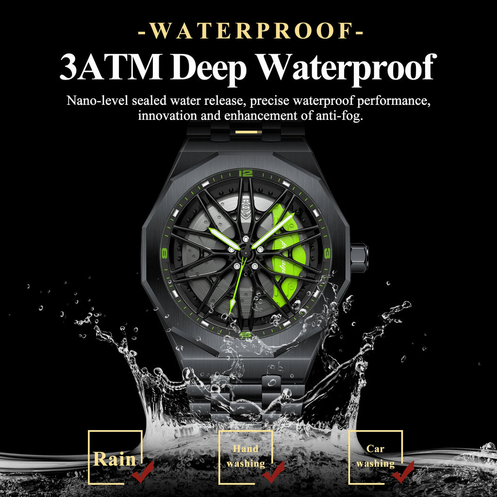 Poedagar 809 Mens Quartz Watch Luxury 3D Rotating Car Wheel Hub Stainless Steel Band Sports Wristwatch for Men Wholesale Reloj