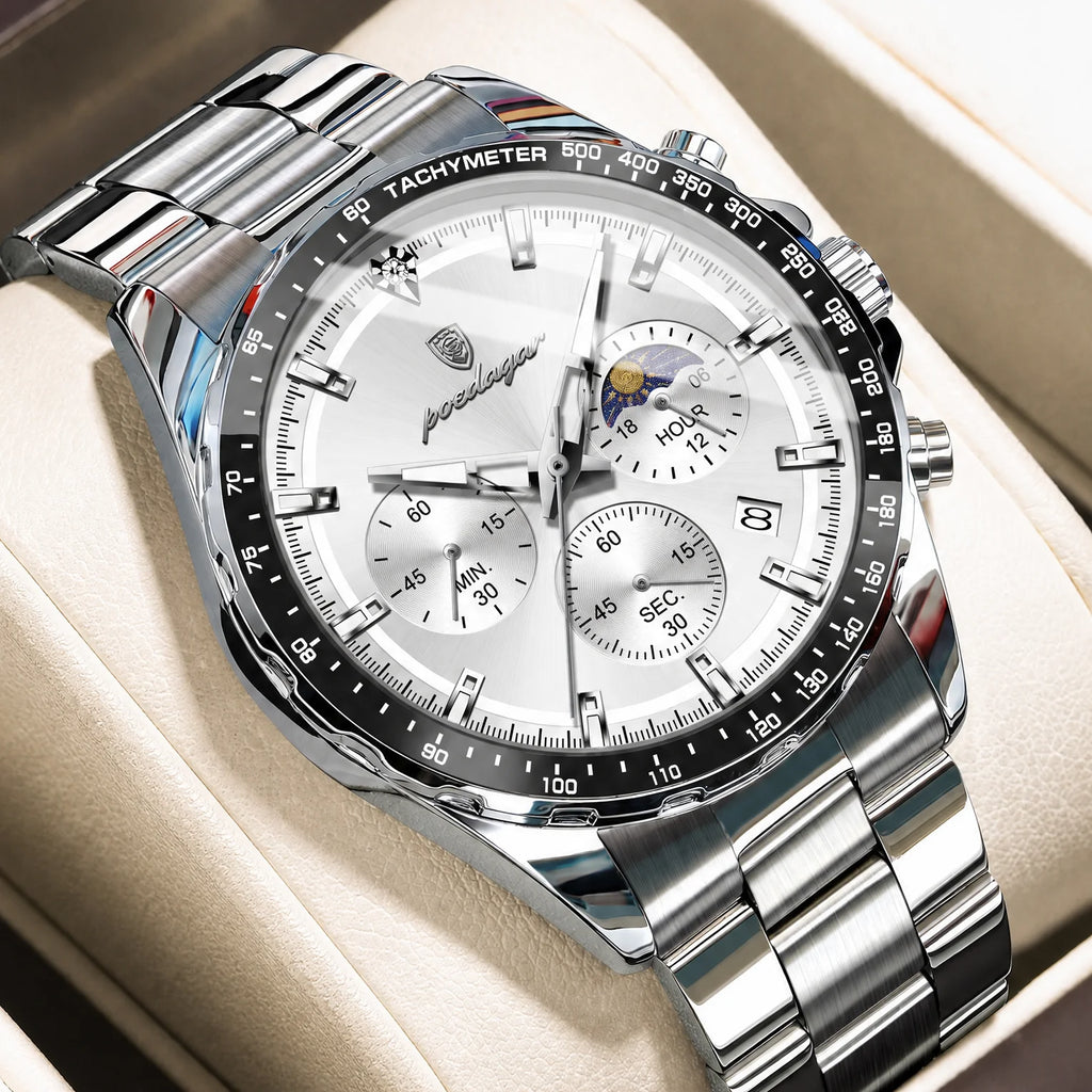 Poedagar 879 Men's Chronograph Watch Luxury Original Waterproof Luminous Quartz Stainless Steel Watches for Men Montre Homme