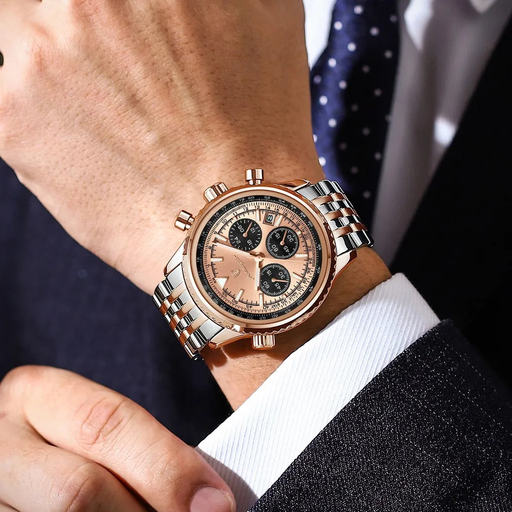Poedagar 960 Luxury Business Men Watch Chronograph Stainless Steel Quartz Wristwatch Sport Fashion Waterproof Luminous Date