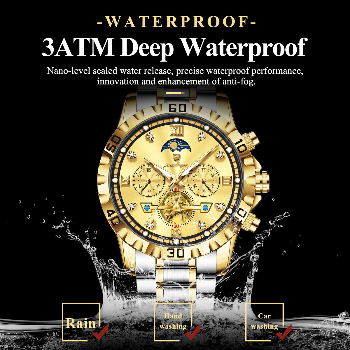 Poedagar 634 Classic Men's Chronograph Watch All Gold Stainless Steel Luminous Waterproof Quartz Watch for Men Business Reloj