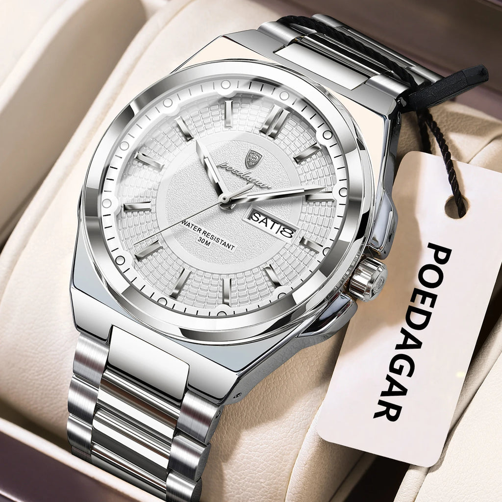 Poedagar 896 Men Watch Luxury Stainless Steel Luminous Reloj Date Week Quartz Watch 3ATM Waterproof Business Wristwatch for Men