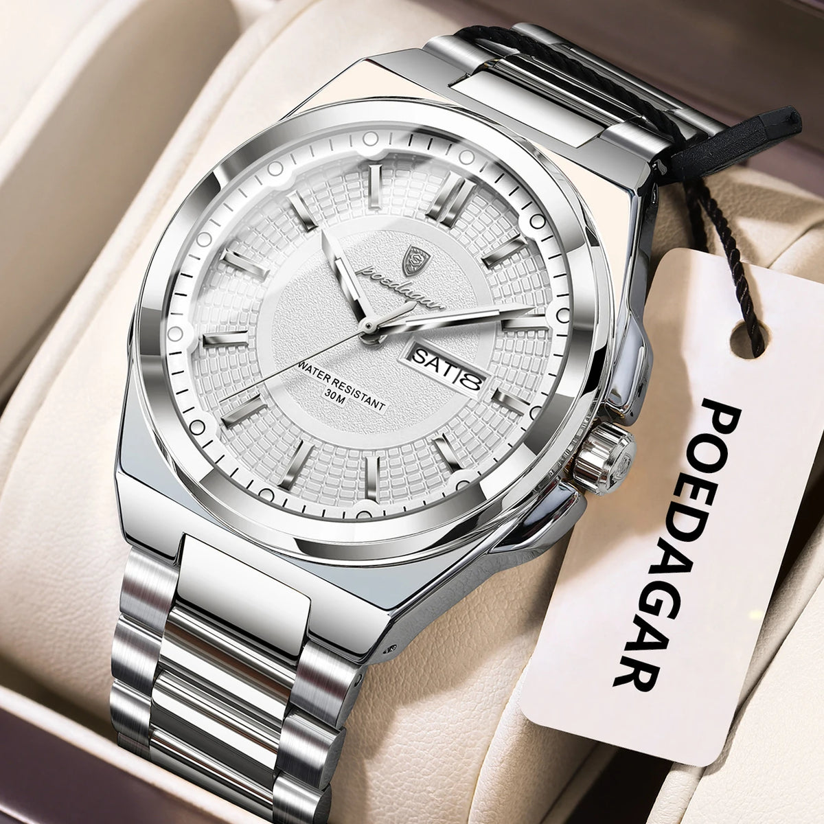 Poedagar 896 Men Watch Luxury Stainless Steel Luminous Reloj Date Week Quartz Watch 3ATM Waterproof Business Wristwatch for Men