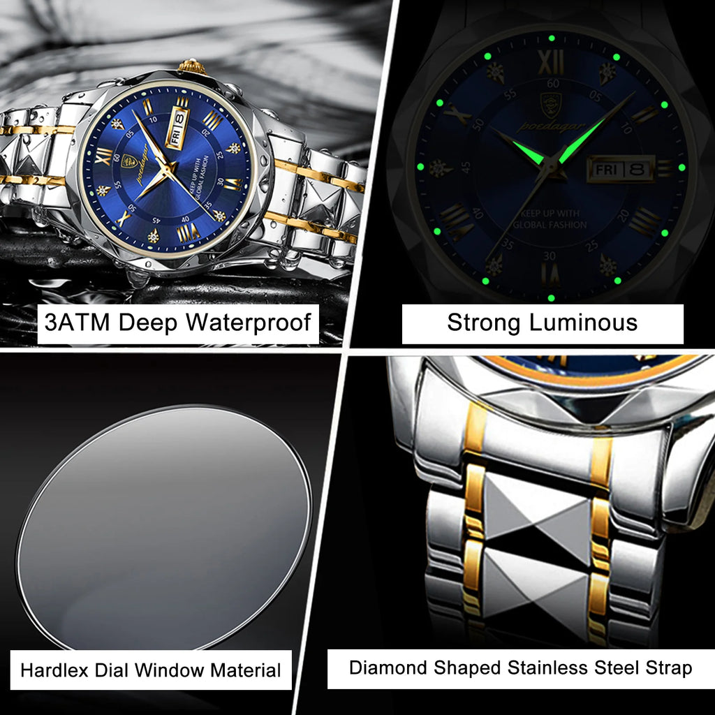 Poedagar 615 Luxury Men's Watches Top Brand Waterproof Luminous Date Week Reloj Watch for Men Stainless Steel Quartz Male