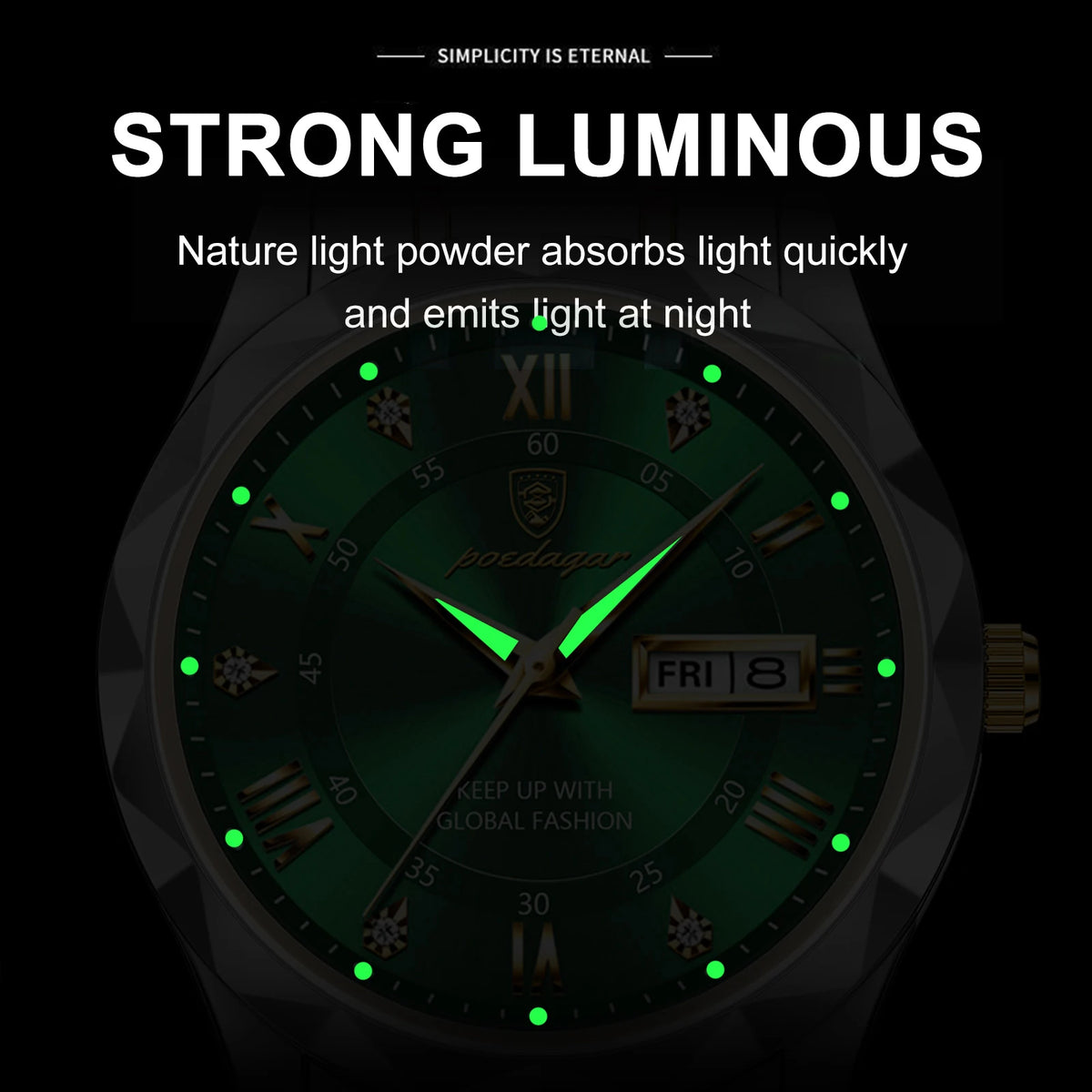 Poedagar 615 Luxury Men's Watches Green Dial Waterproof Luminous Date Week Quartz Watch for Men Stainless Steel Male Reloj