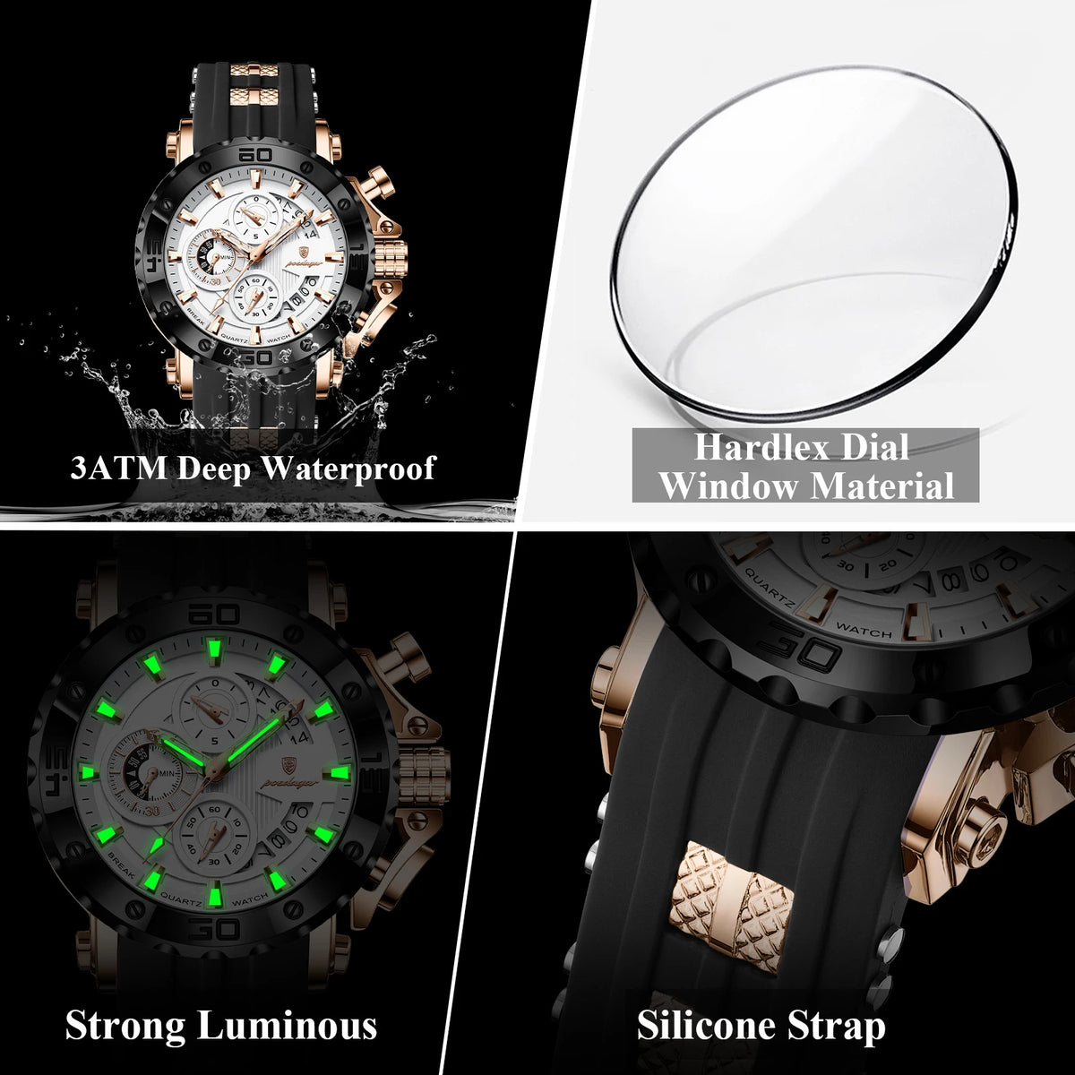 Mens Watch Luxury Poedagar 892 Silicone Strap Waterproof Quartz Watches Montre Luminous Sports Chronograph Watch for Men Relogio
