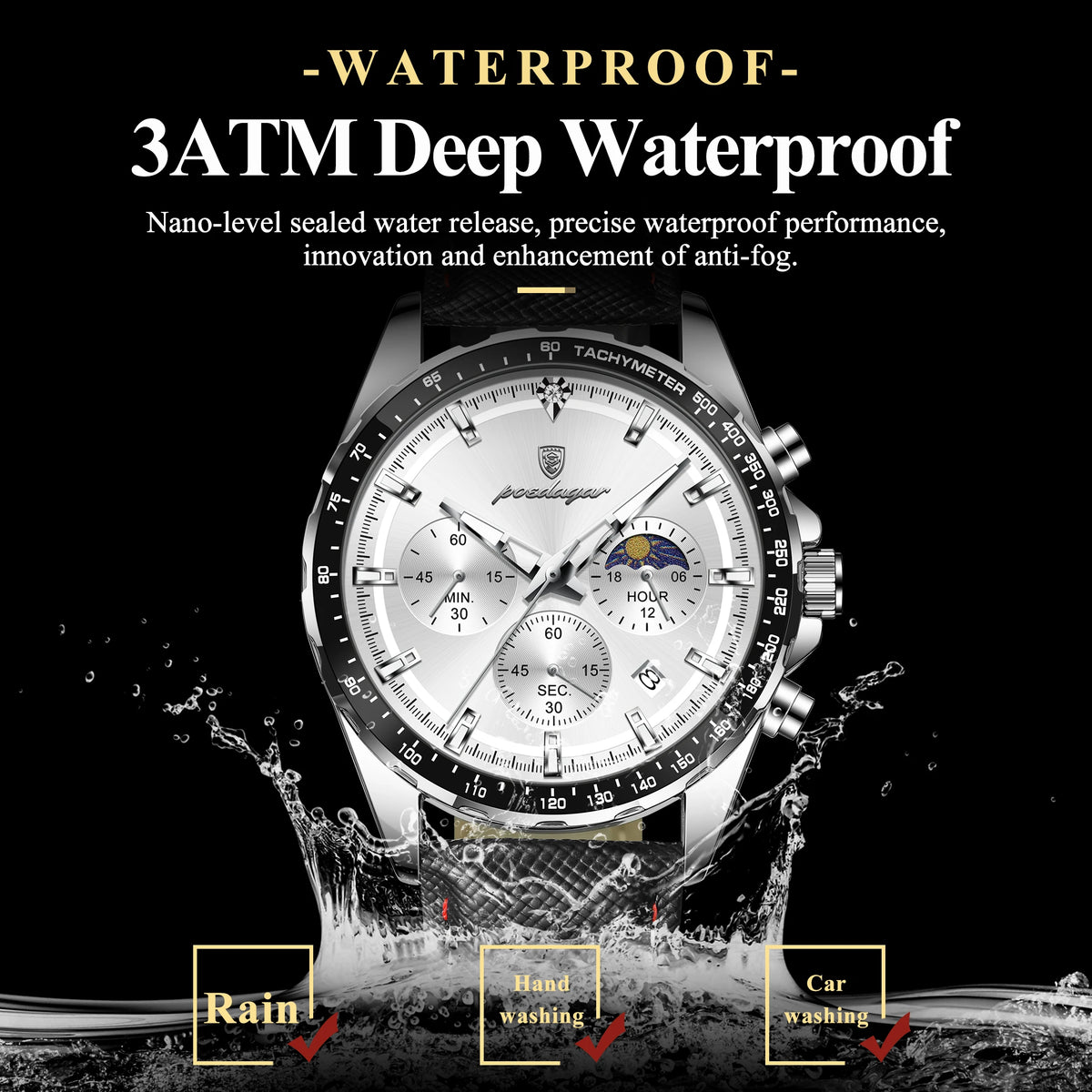 Poedagar 879 Reloj Waterproof Luminous Sport Genuine Leather Quartz Watch for Men