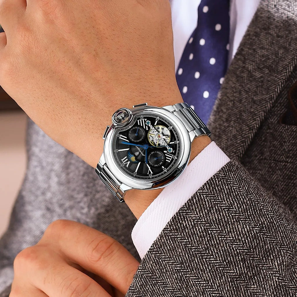 Poedagar 1413 Luxury Automatic Mechanical Watch Waterproof Luminous Wristwatch Stainless Steel Hollow Tourbillon Watch for Men