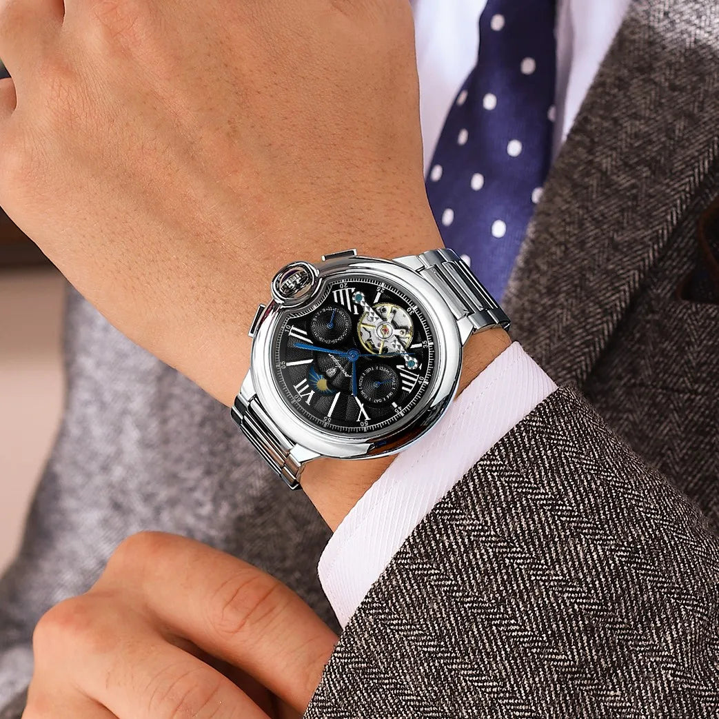 Poedagar 1413 Luxury Automatic Mechanical Watch Waterproof Luminous Wristwatch Stainless Steel Hollow Tourbillon Watch for Men