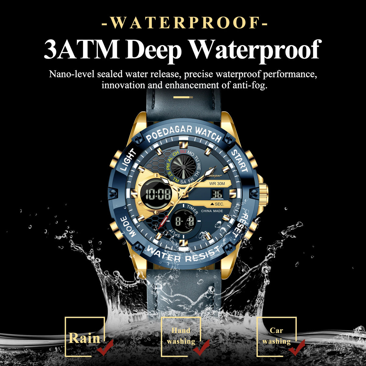 Poedagar E125 Men Dual Display Watch Digital Analog Waterproof Quartz Watch Luminous Leather Strap Sports Wristwatch for Men