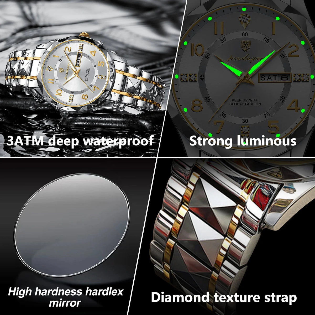 Poedagar 858 Watch for Men Luxury Waterproof Luminous Quartz Watches Date Week Moissanite Reloj Stainless Steel Men Watch