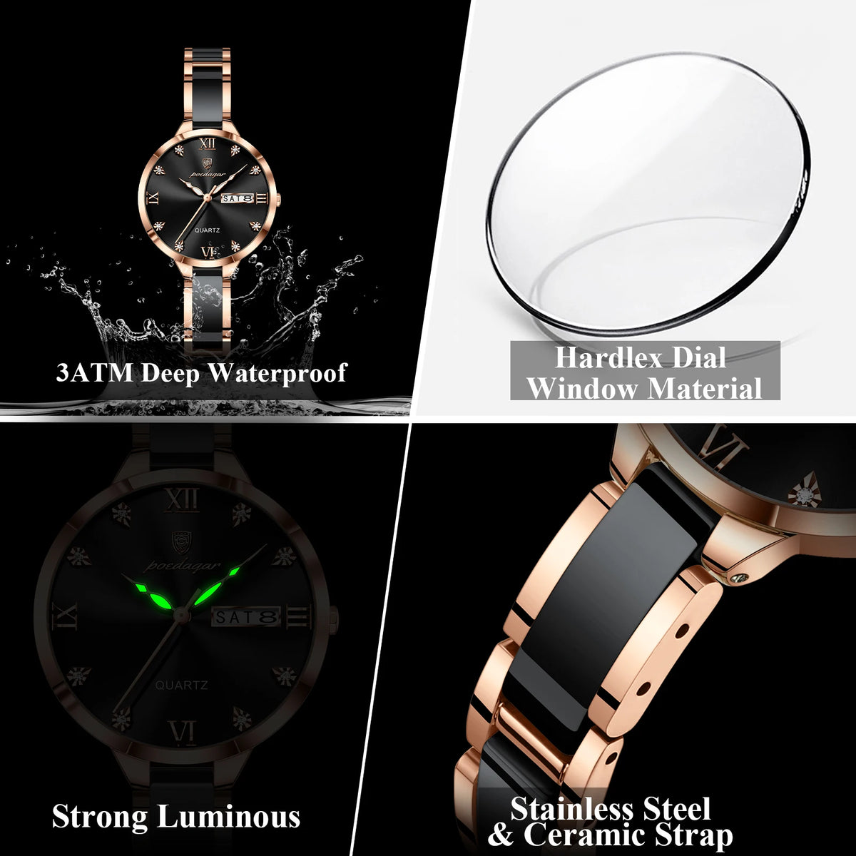 Poedagar 506 Luxury Stainless Steel Strap Women Quartz Watch Luminous Waterproof WristWatch