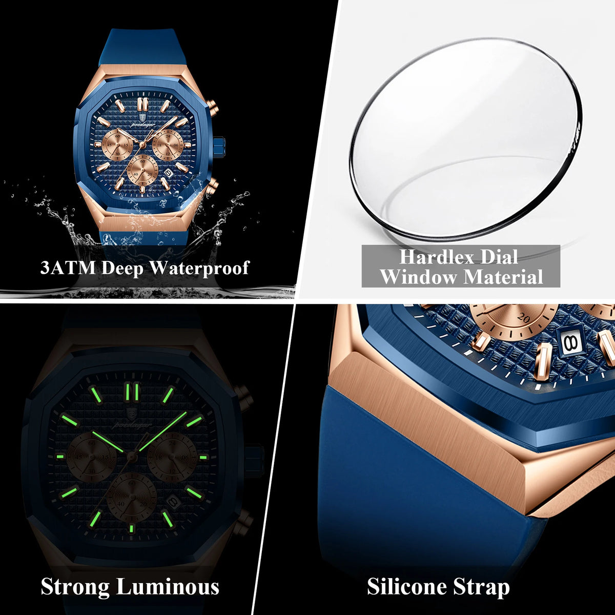 Poedagar 893 New Silicone Strap Mens Watches Waterproof Luminous Chronograph Quartz Watches for Men
