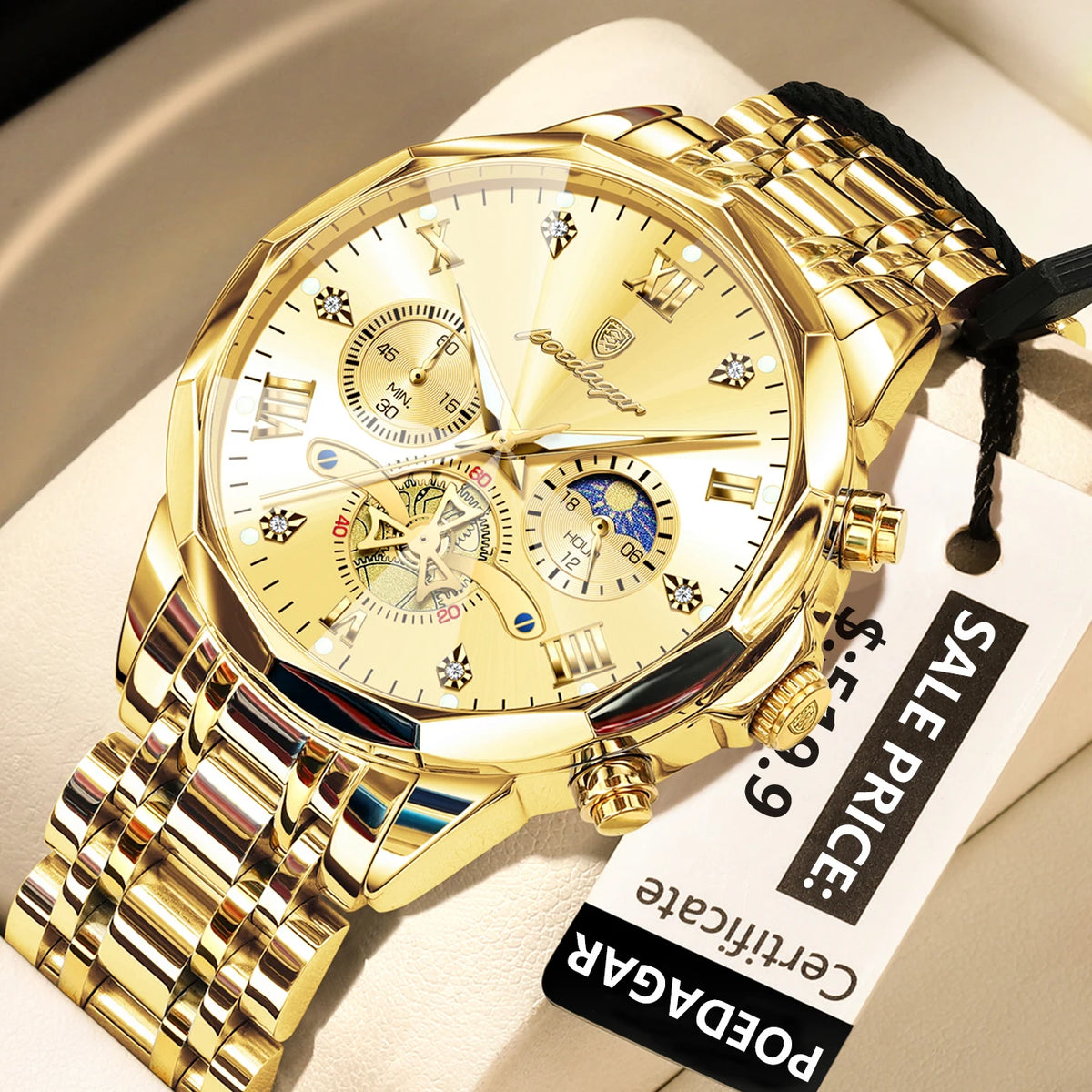 Poedagar 938 Men's Luxury Stainless Steel Chronograph Quartz Watch Waterproof Luminous with 42mm Alloy Dial Watch for Men