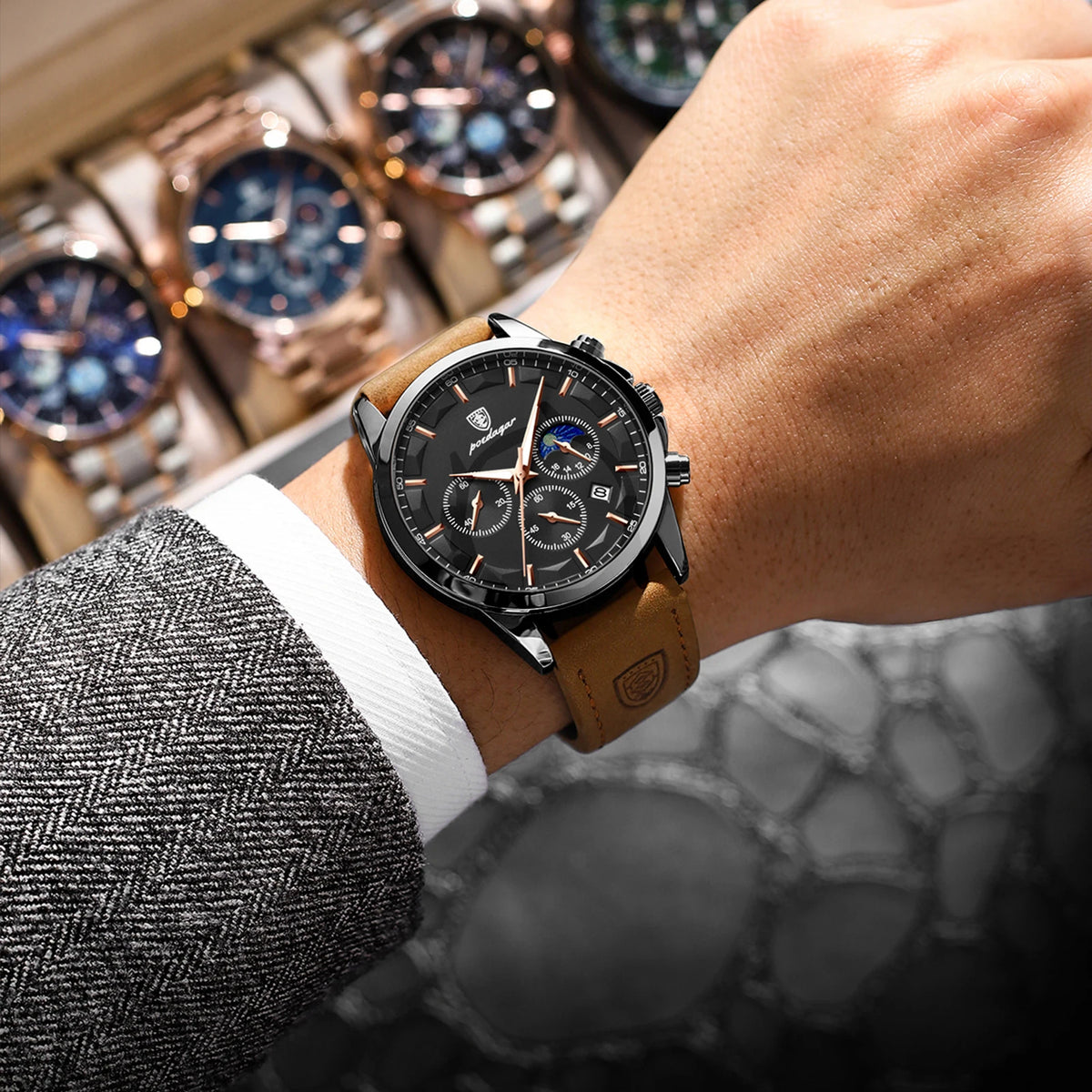 Poedagar 928 Luxury Men Watch Moon Phase Chronograph Relief Dial Leather Strap Luminous Waterproof Business Sport Watch for Men