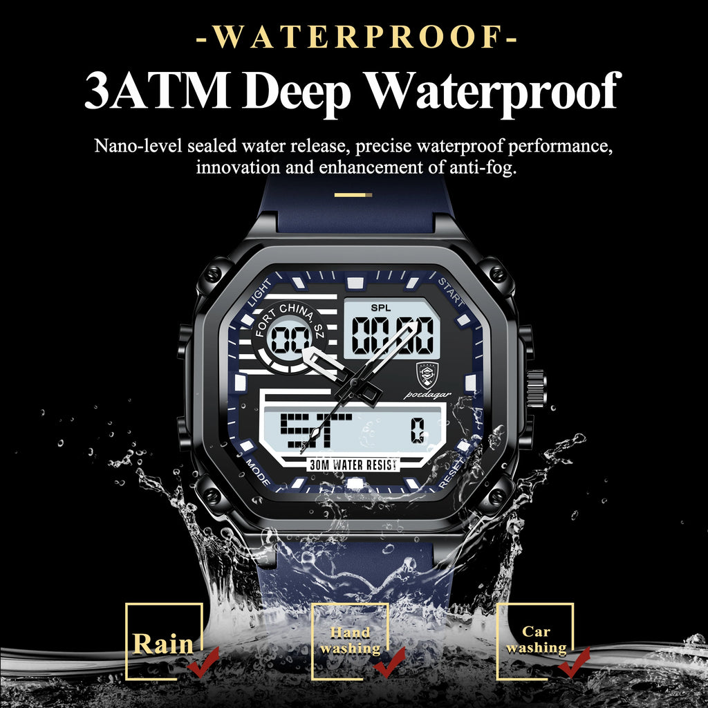 Poedagar 993 Silicone Waterproof Men Digital Quartz Chronograph Relojes LED Dual Time Display Electronic Men's Watch