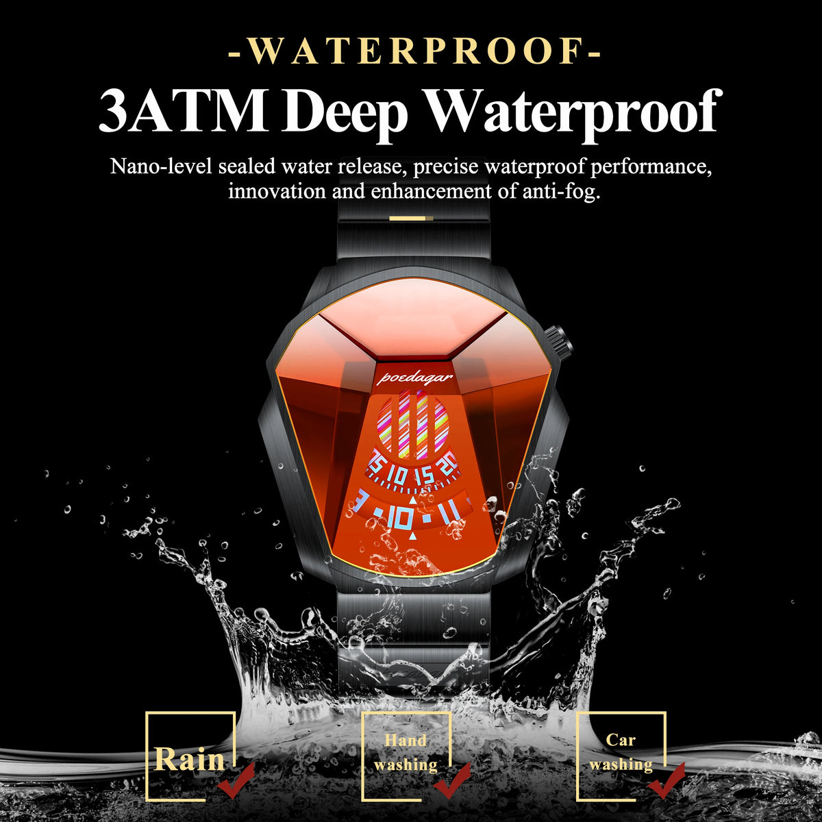 Poedagar 621 Men's Watch Tonneau Case Large Rotating Analog Dial Stainless Steel Band Quartz Wristwatch Reloj Hombre Luxury