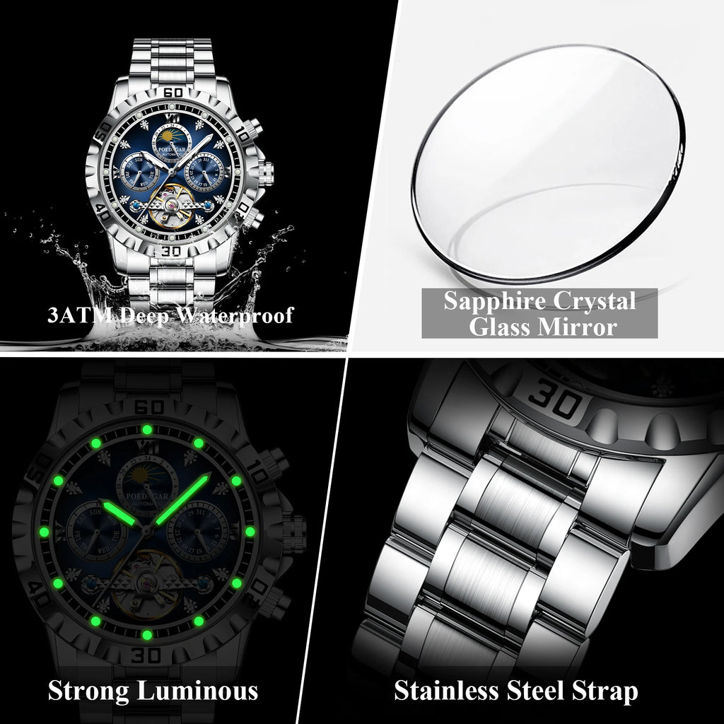 Poedagar 1423 Luxury Hollow Tourbillon Automatic Stainless Steel Band Waterproof Men Mechanical Watch