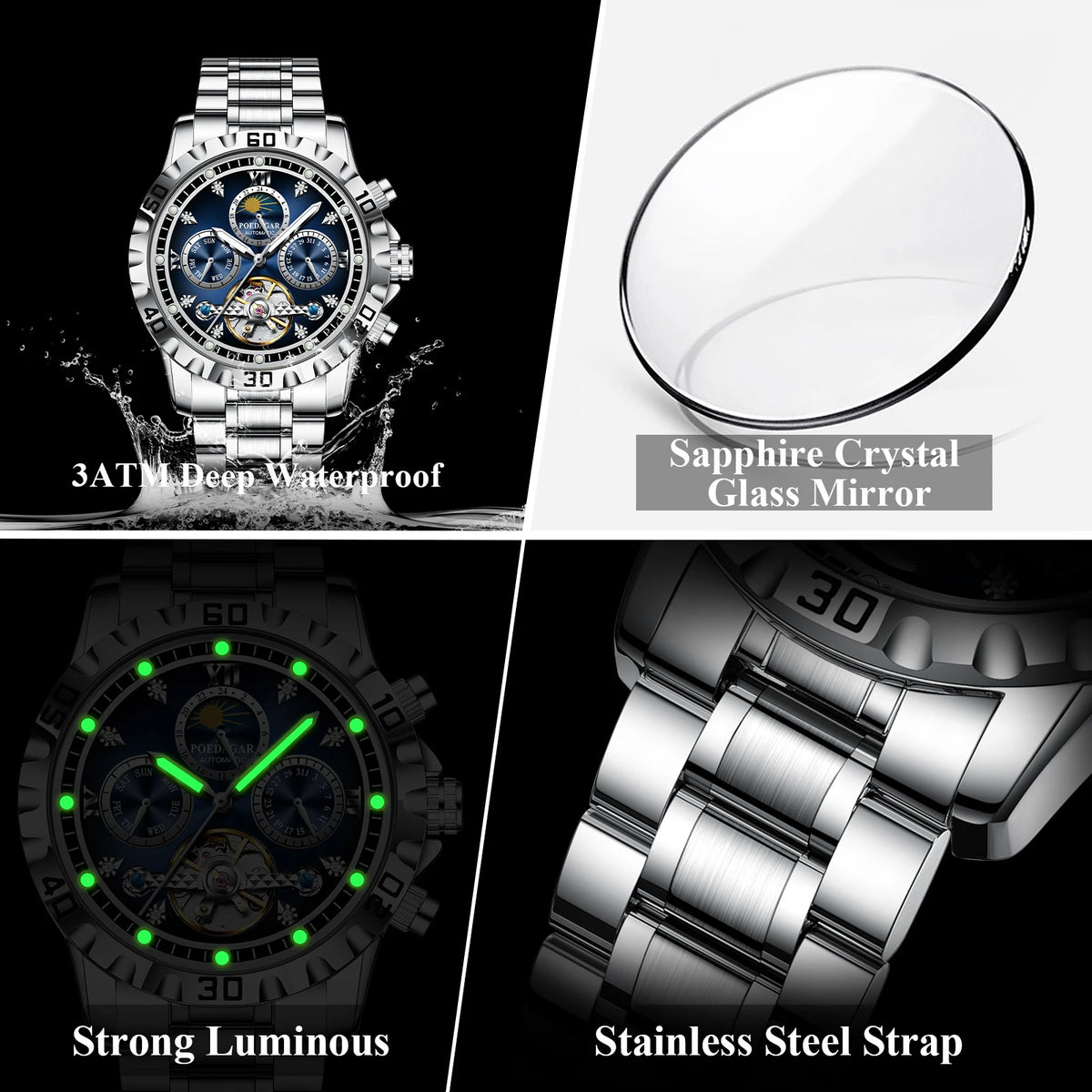 Poedagar 1423 Luxury Hollow Tourbillon Automatic Stainless Steel Band Waterproof Men Mechanical Watch
