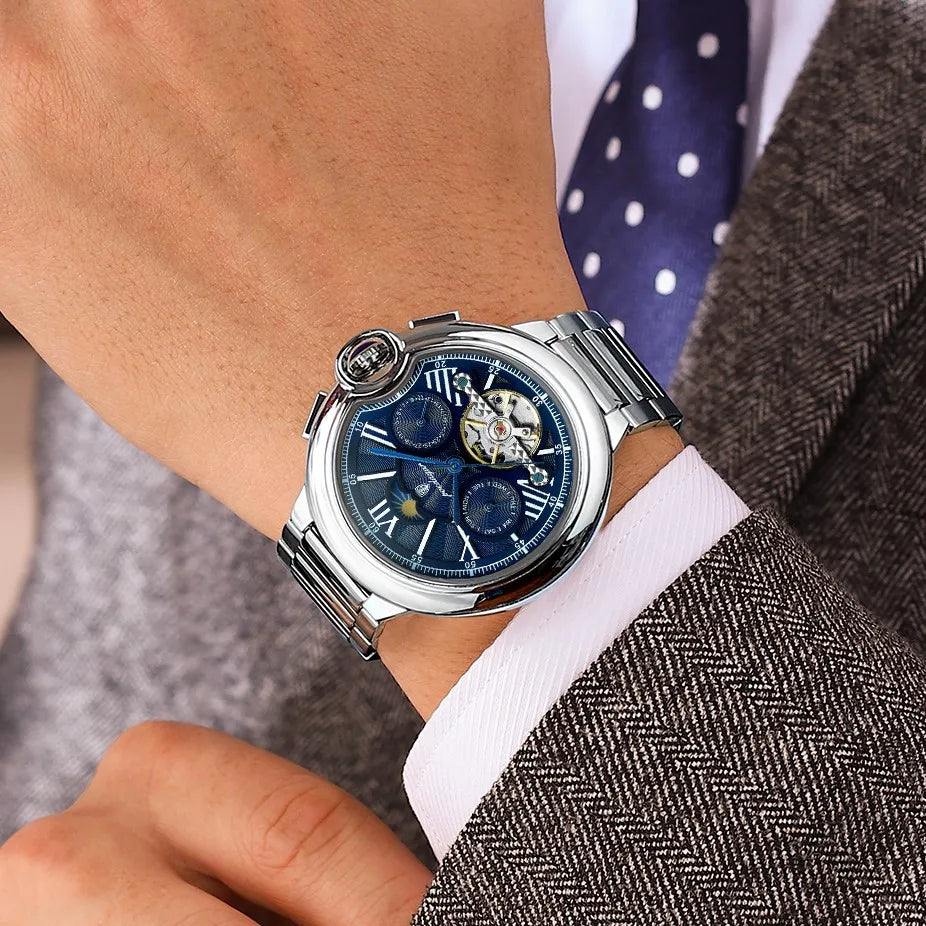 Poedagar 1413 Luxury Men's Mechanical Watch Fashion Hollow Tourbillon Montre Waterproof Stainless Steel Automatic Watch for Men