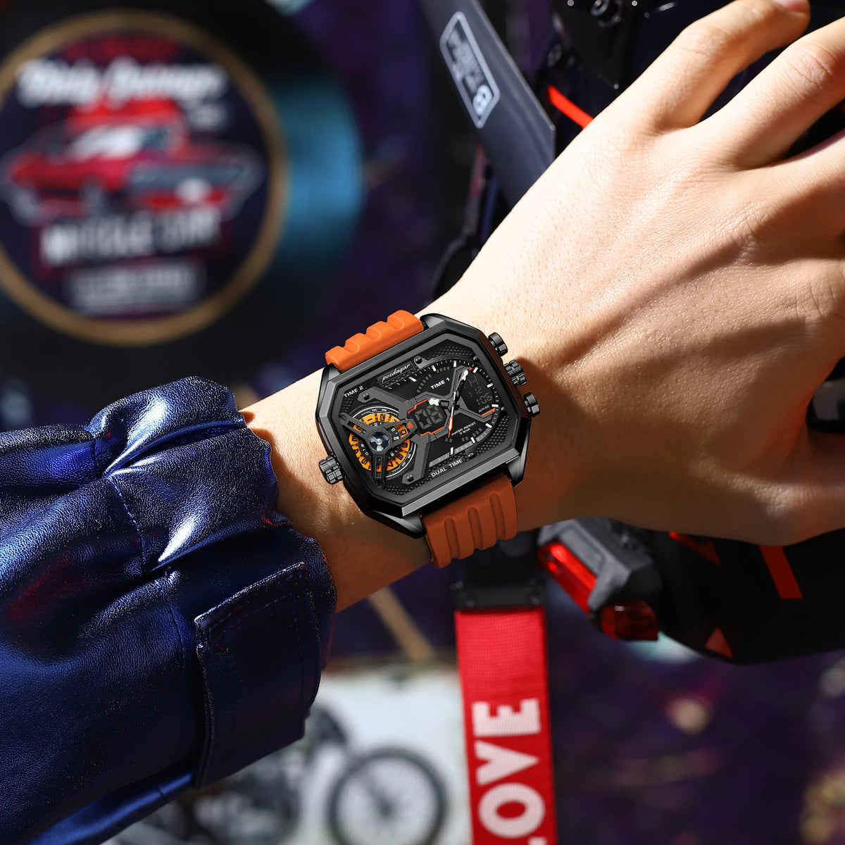Poedagar E106 Mens Watches Silicone Strap Multifunctional Chronograph Relojes Waterproof Luminous Quartz Digital Watch for Men