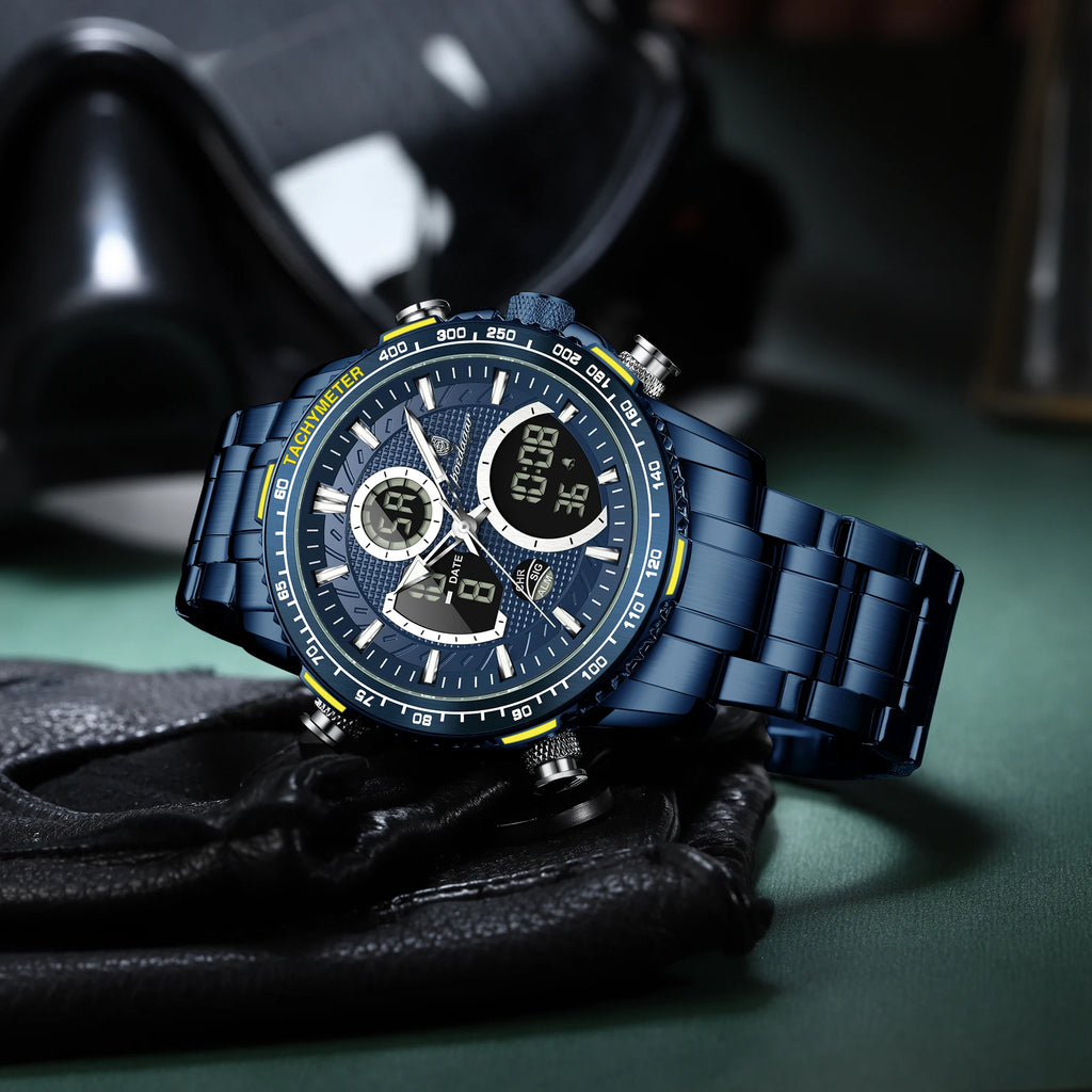 Poedagar E127 Men's Watch Luxury Analog-Digital Watches Dual Display Herrenuhr Luminous Waterproof Stainless Steel Watch for Men
