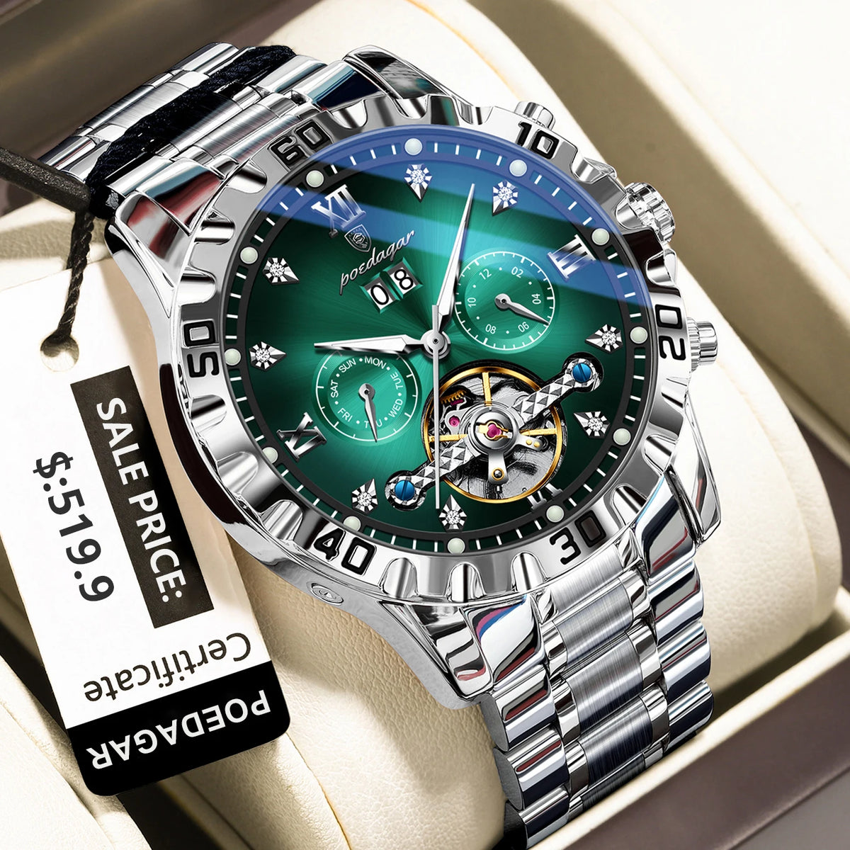 Poedagar 1418 Luxury Men's Mechanical Watch Date Waterproof Wristwatch Hollow Luminous Stainless Steel Automatic Watch for Men