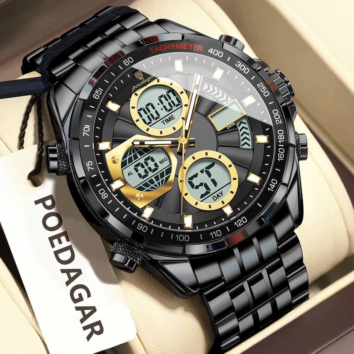Poedagar E108 Multifunction Chronograph Alarm Stainless Steel Strap Men's Quartz Watch with 30M Waterproof Luminous
