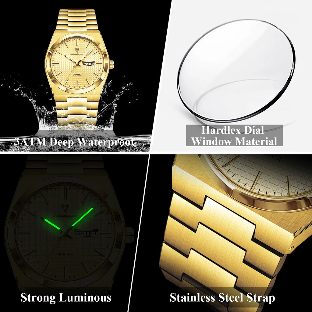 Poedagar 821 Men Watch Business Luxury Grid Dial Reloj Hombre Date Luminous Stainless Steel Quartz Watch for Men Waterproof