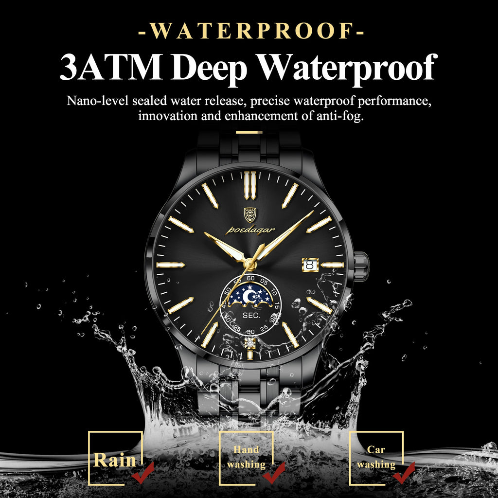 Poedagar 854 Men's Watch Stainless Steel Bracelet Moon Phase Watch Reloj Hombre Calendar Waterproof Business Wristwatch for Men