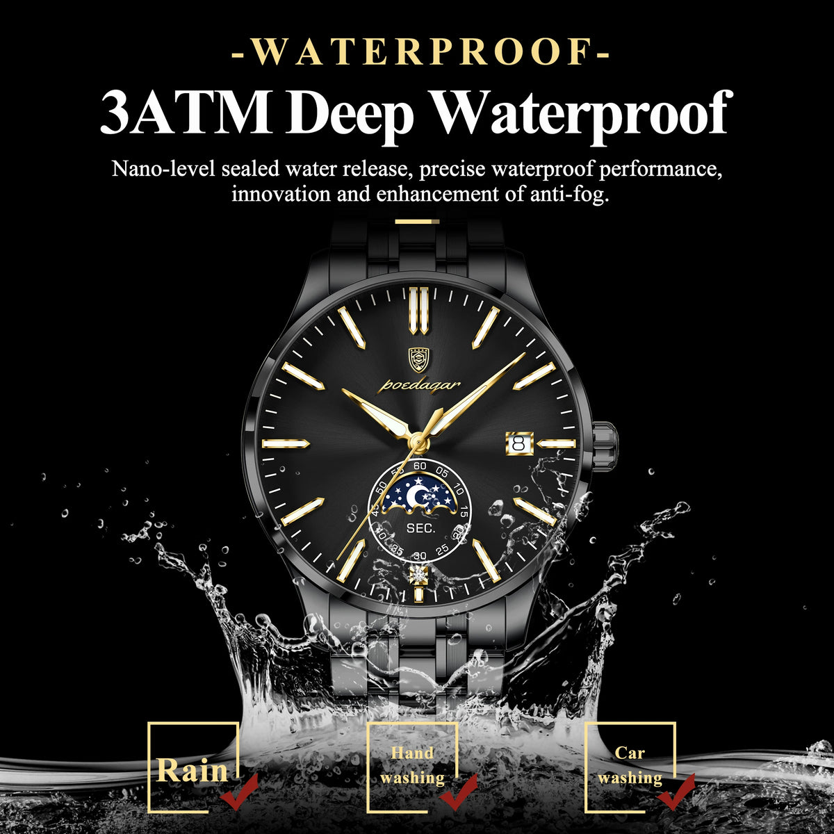 Poedagar 854 Men's Watch Stainless Steel Bracelet Moon Phase Watch Reloj Hombre Calendar Waterproof Business Wristwatch for Men