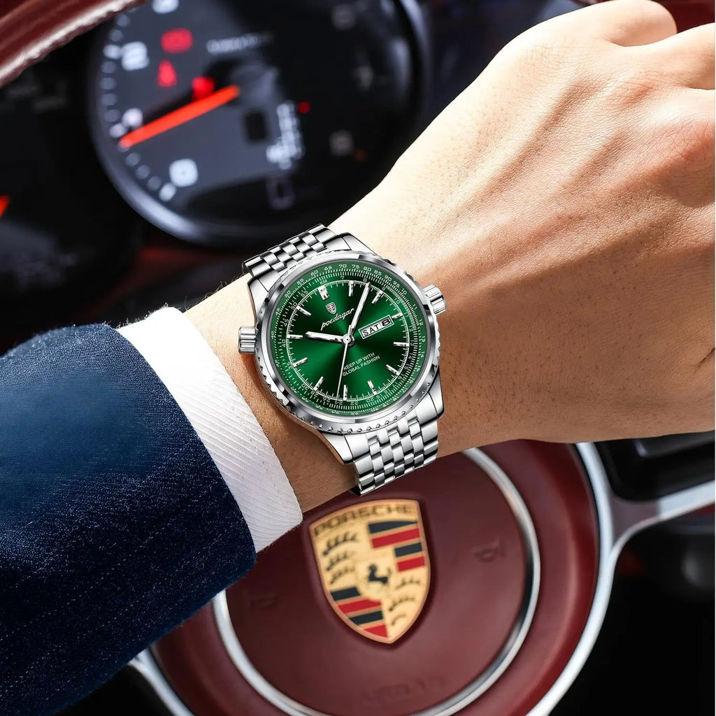 Poedagar 673 Luxury Business Solid Stainless Steel Strap Quartz Watch Waterproof Luminous Double Calendar Watch for Men