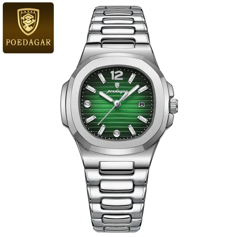 Poedagar Factory Wholesale Montre Female Square Stainless Steel Ladies Quartz Watches Waterproof Luminous Date Watch for Women