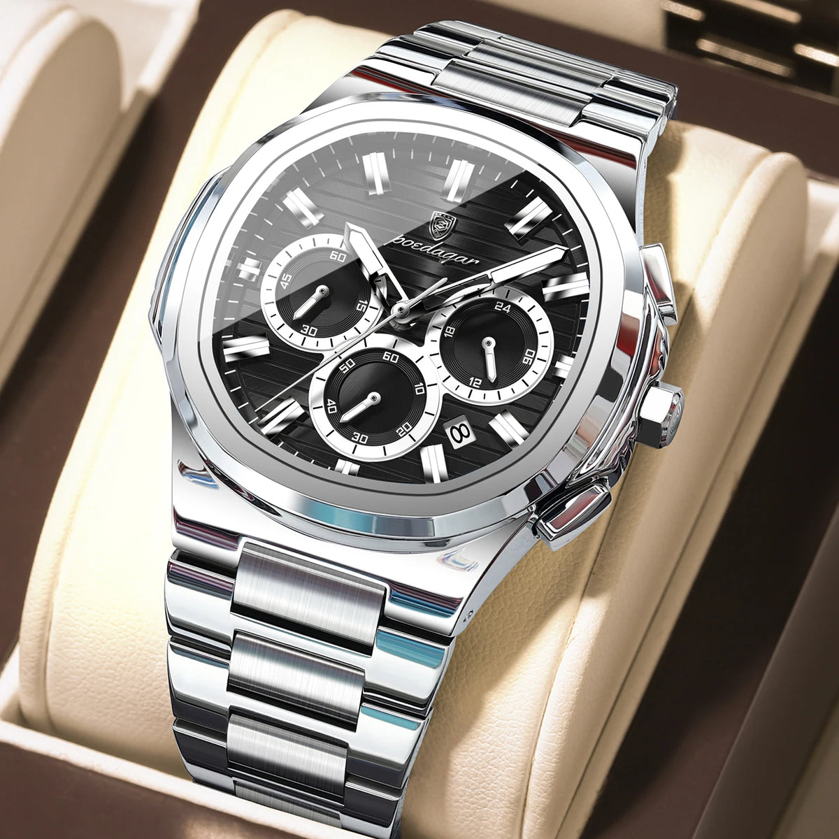 Poedagar 834 Stainless Steel Waterproof Luminous Men Quartz Watch Business Chronograph Watch for Men